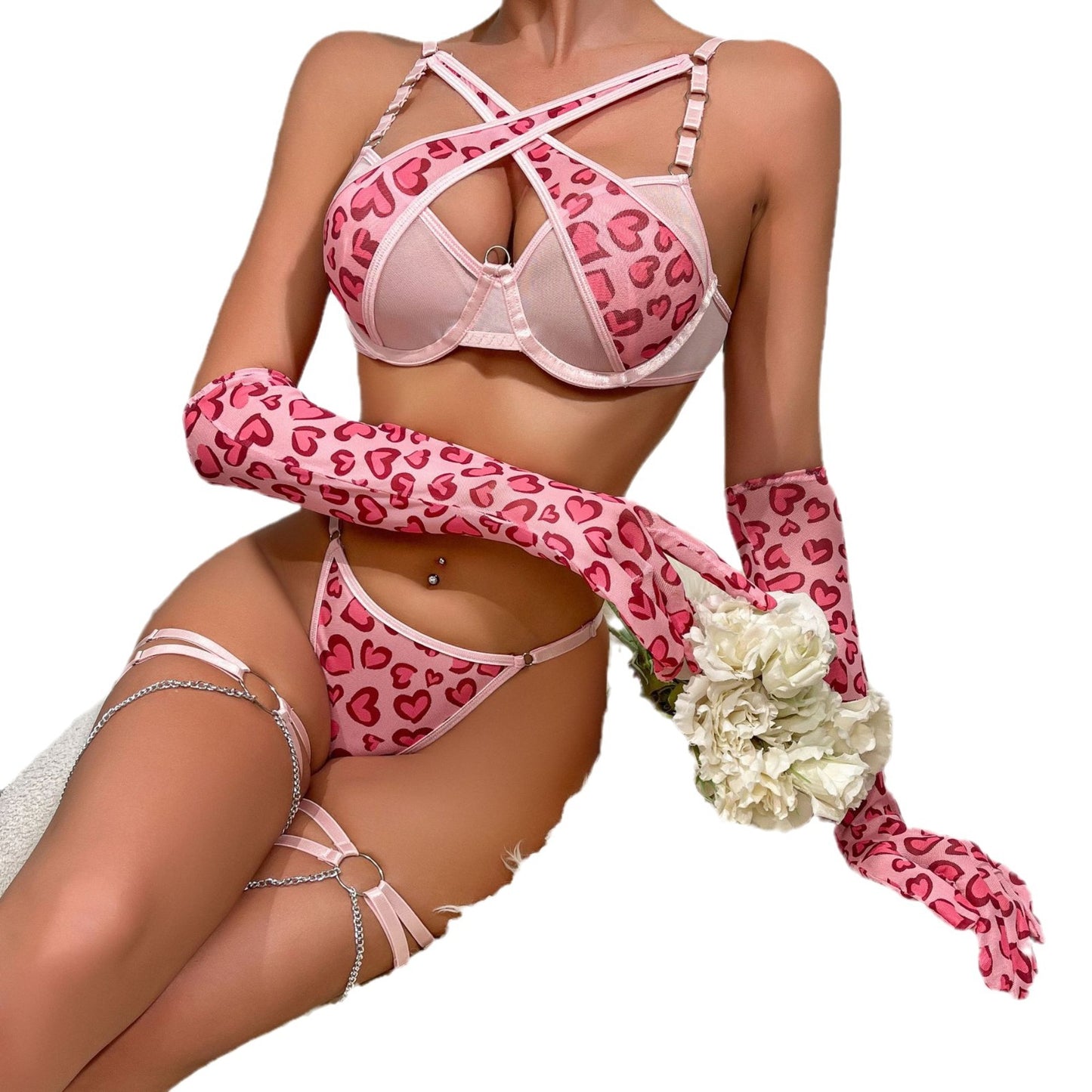 Pink Leopard Print Metal Chain Sexy Lingerie Suit with Gloves Leg Ring