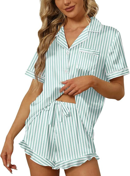 Satin Silk Pajamas2Pcs Ruffle Notch Short Sleeve Shorts Pjs Set