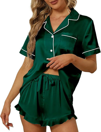 Satin Silk Pajamas  Down Short Sleeve Shorts Pjs Set Loungewear