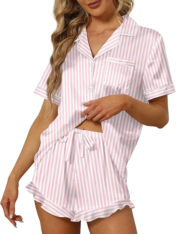 Satin Silk Pajamas  Down Short Sleeve Shorts Pjs Set Loungewear