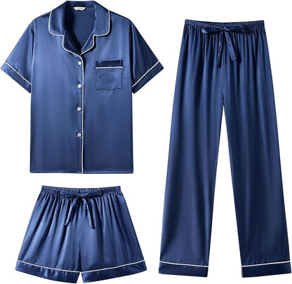 Silk Pajamas  3 Piece Satin  Short Sleeve Pj Set