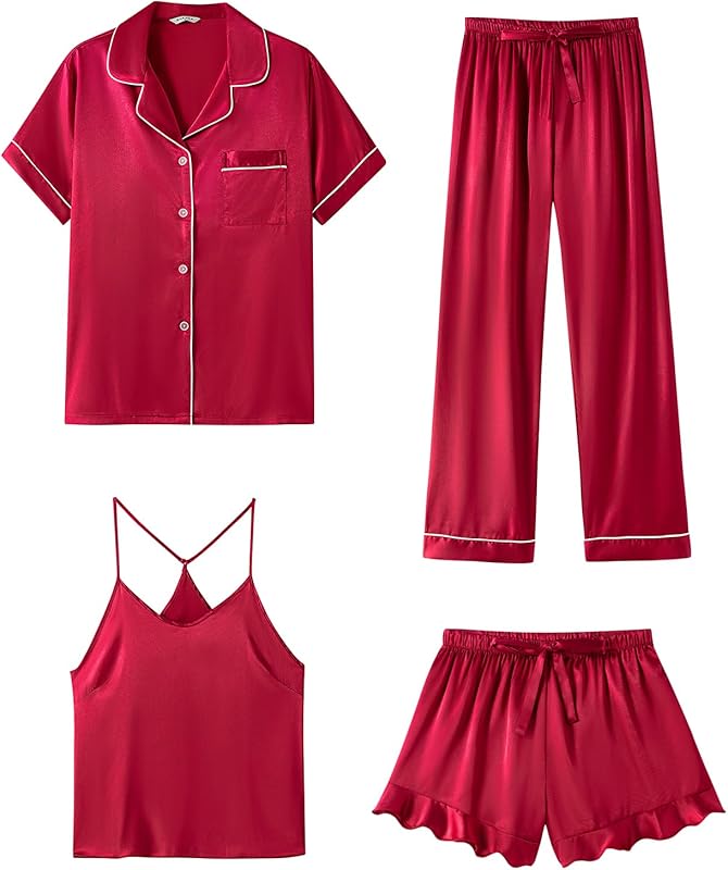 Silk Pajamas  3 Piece Satin  Short Sleeve Pj Set