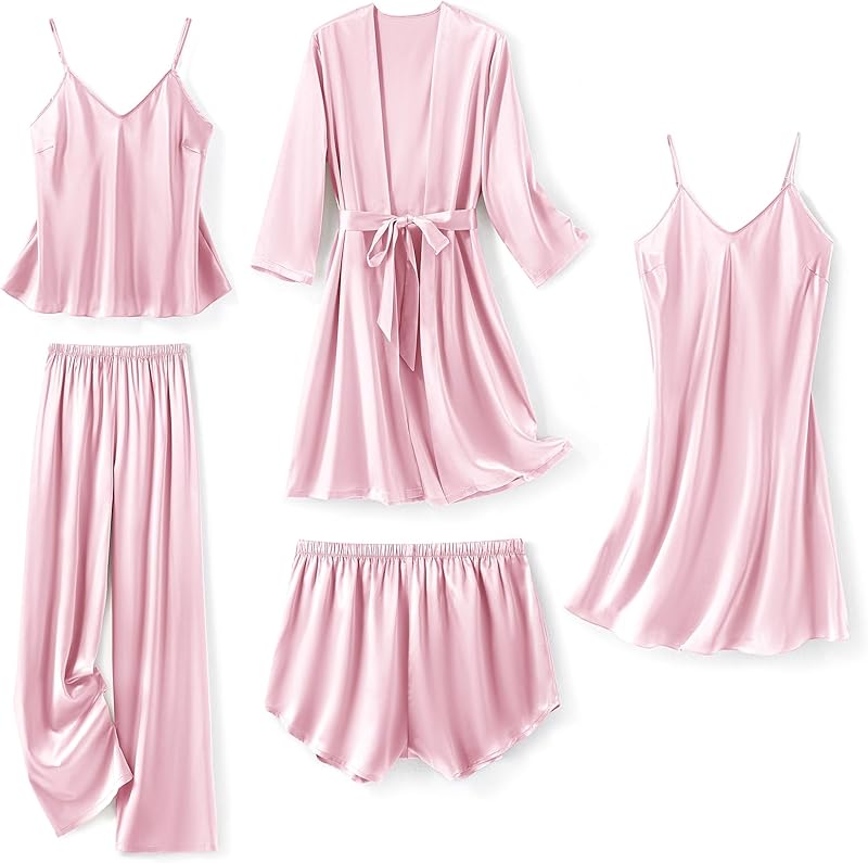 Silk Pajamas for Women 5Pcs Sleepwear  Satin Robe Shorts Pj Set