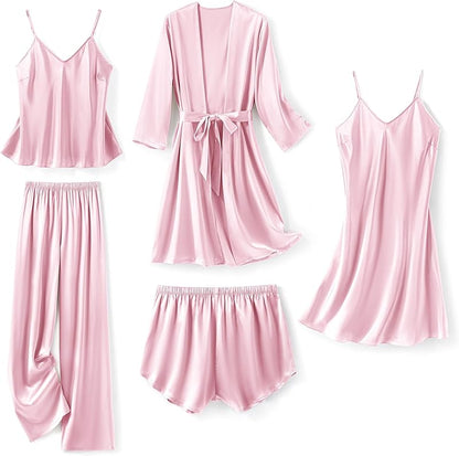 Silk Pajamas for Women 5Pcs Sleepwear  Satin Robe Shorts Pj Set