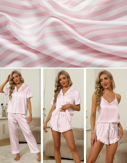 Silk PajamasSet 4PcsShort Sleeve Cami Shorts Sleepwear Pj Set