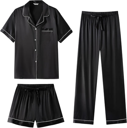 Silk Pajamas  3 Piece Satin  Short Sleeve Pj Set