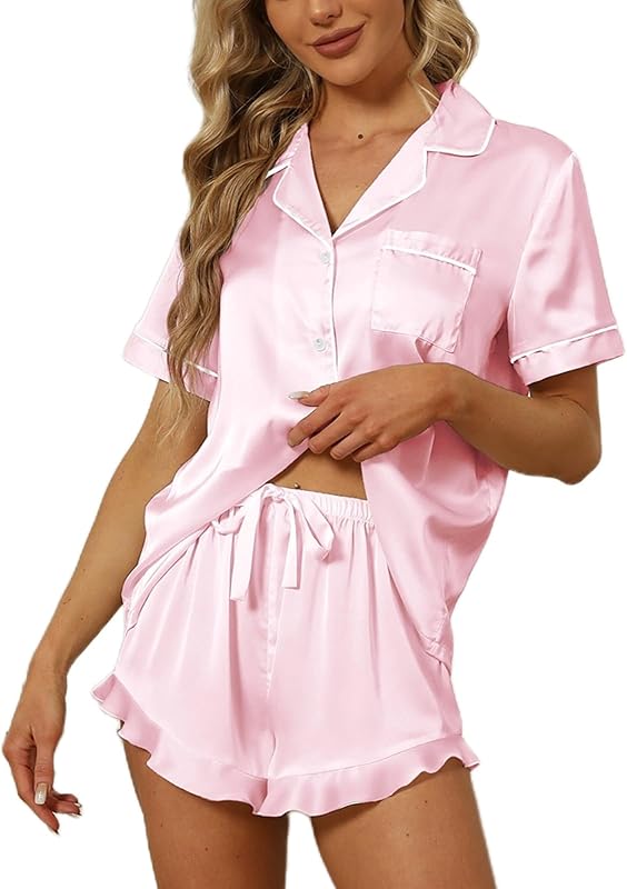 Satin Silk Pajamas  Down Short Sleeve Shorts Pjs Set Loungewear