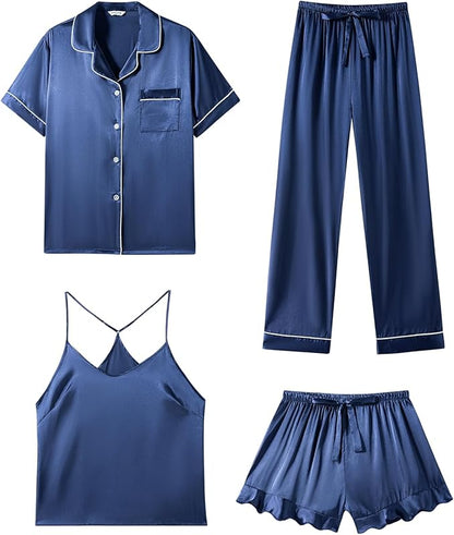 Silk Pajamas  3 Piece Satin  Short Sleeve Pj Set