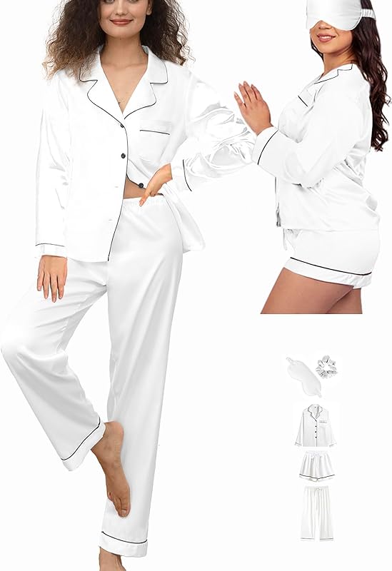 5Pcs XS-XXL Womens Silk Satin Pajamas Sets Long Pj Sets Sleepwear