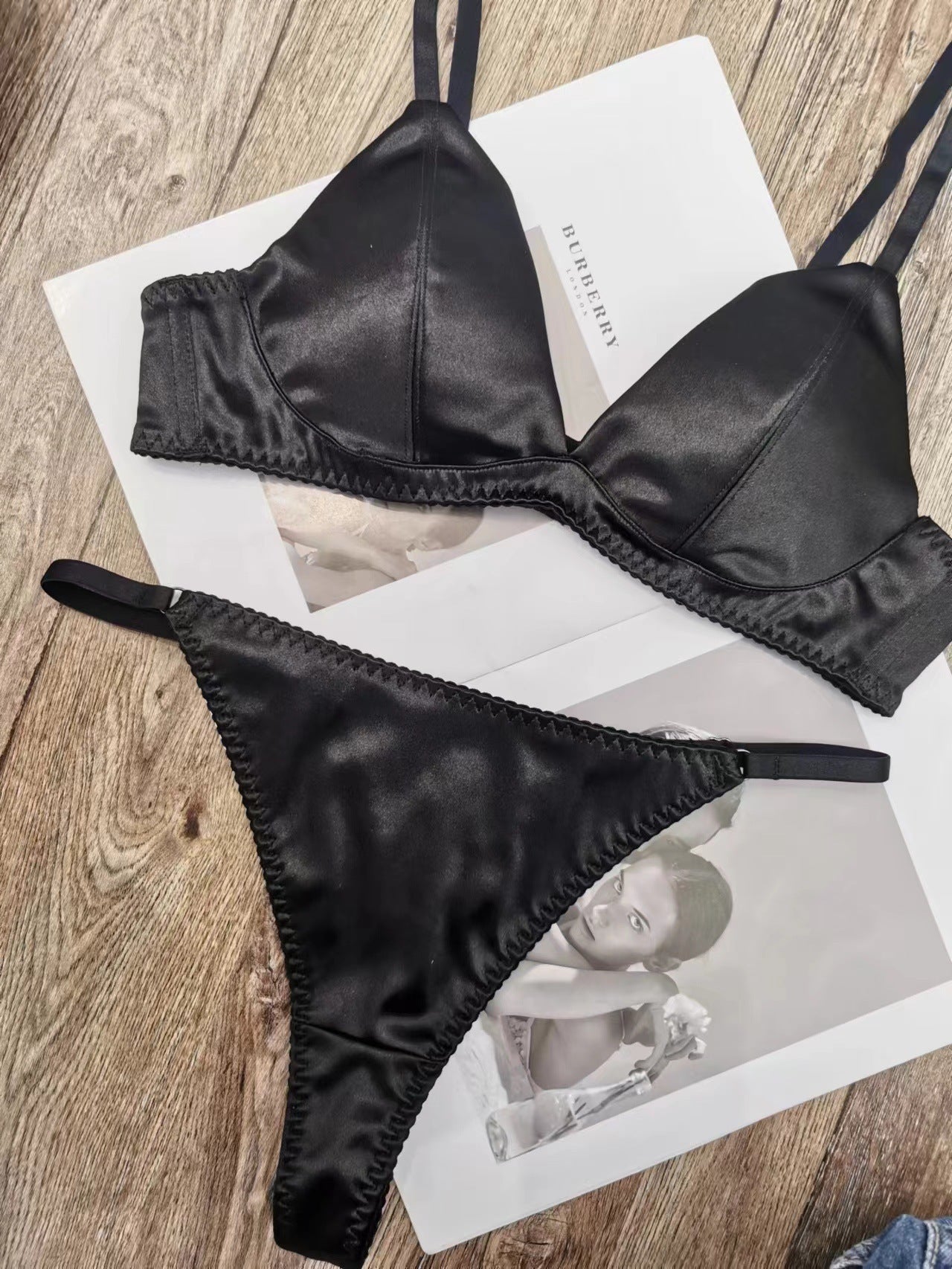 Sexy Thong Seamless Satin Triangle Cup Bra Set