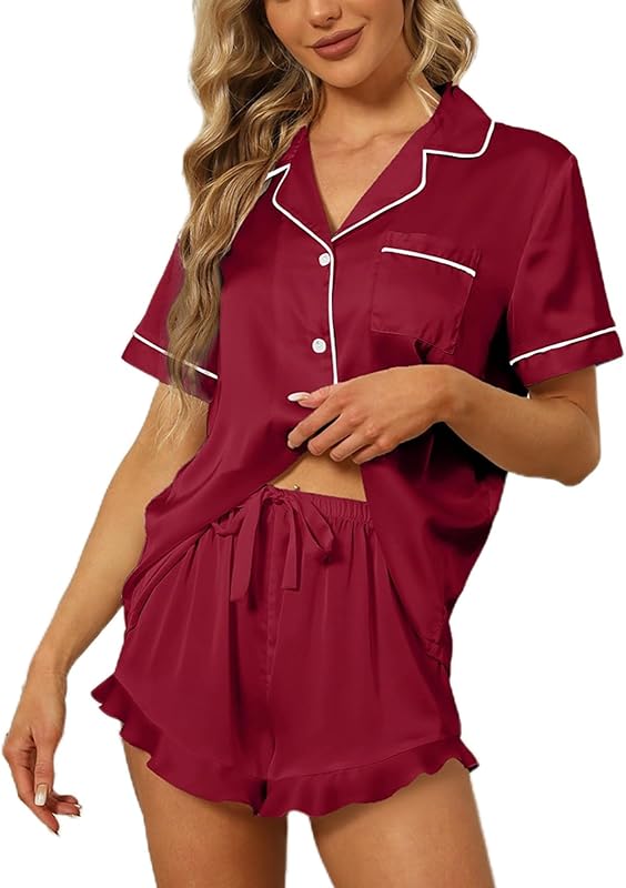 Satin Silk Pajamas2Pcs Ruffle Notch Short Sleeve Shorts Pjs Set