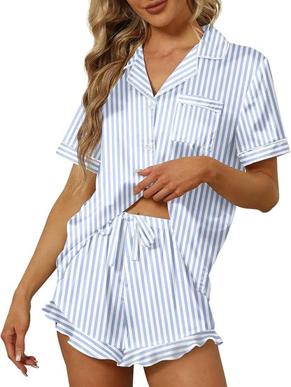 Satin Silk Pajamas2Pcs Ruffle Notch Short Sleeve Shorts Pjs Set