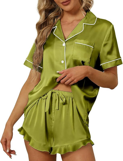 Satin Silk Pajamas  Down Short Sleeve Shorts Pjs Set Loungewear