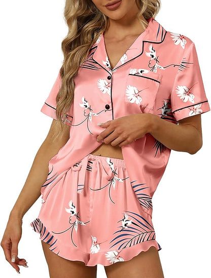 Satin Silk Pajamas2Pcs Ruffle Notch Short Sleeve Shorts Pjs Set