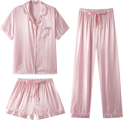 Silk Pajamas  3 Piece Satin  Short Sleeve Pj Set