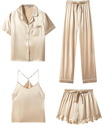 Silk Pajamas  3 Piece Satin  Short Sleeve Pj Set