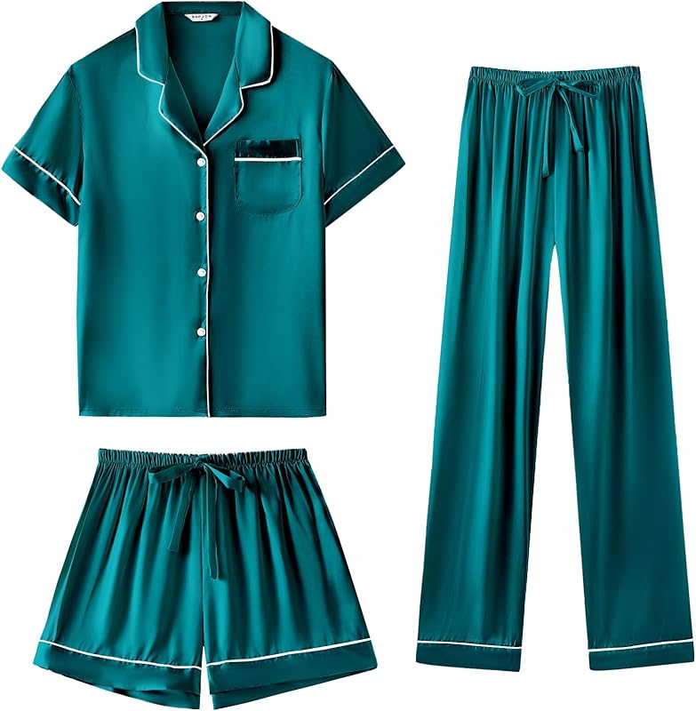 Silk Pajamas  3 Piece Satin  Short Sleeve Pj Set