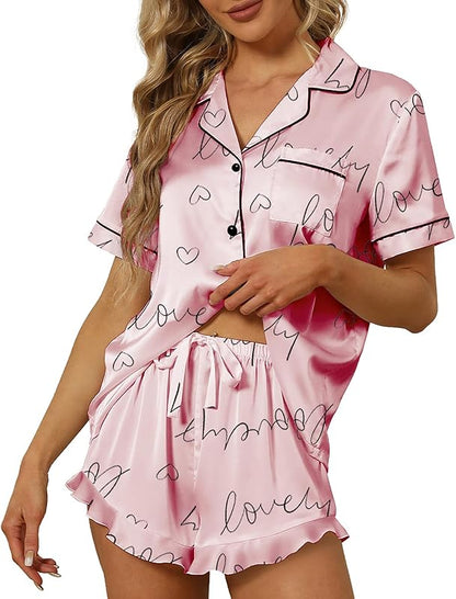 Satin Silk Pajamas  Down Short Sleeve Shorts Pjs Set Loungewear