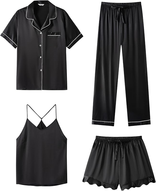 Silk Pajamas for Women Set 4Pcs  Short Sleeve Sleepwear Pj Set