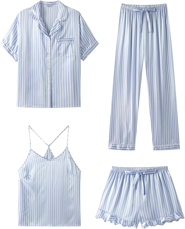 Silk Pajamas for Women Set 4Pcs  Short Sleeve Sleepwear Pj Set