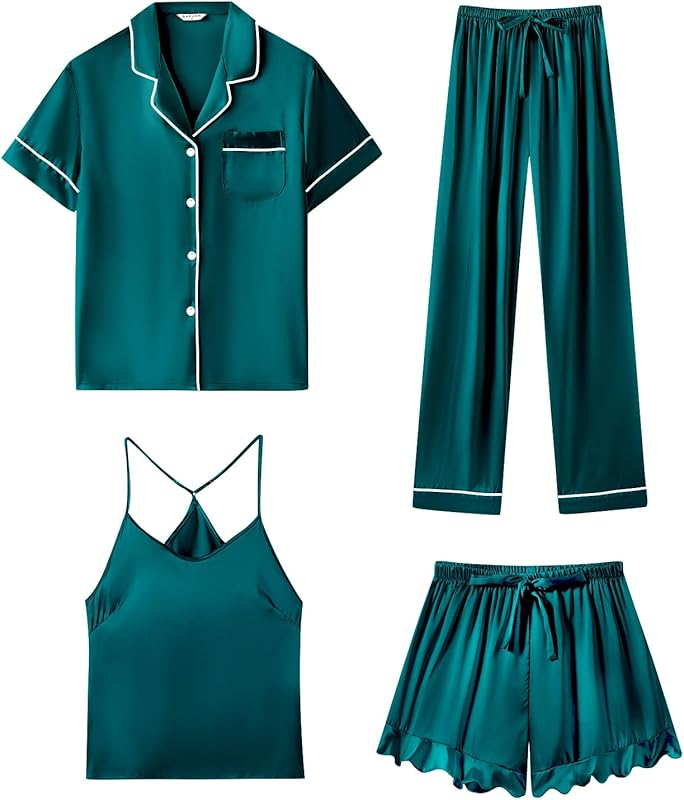 Silk Pajamas  3 Piece Satin  Short Sleeve Pj Set