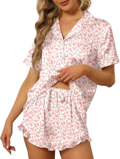 Satin Silk Pajamas2Pcs Ruffle Notch Short Sleeve Shorts Pjs Set