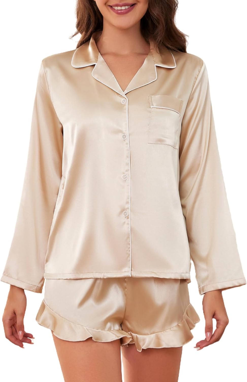 Womens Satin Pajama Sets Long Sleeve 2 Piece Top