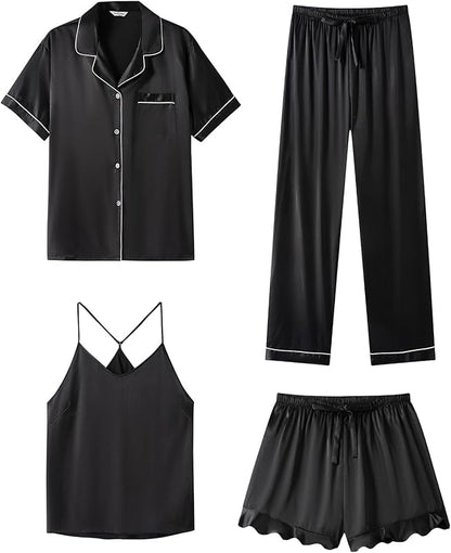 Silk Pajamas  3 Piece Satin  Short Sleeve Pj Set