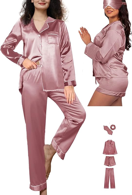 5Pcs XS-XXL Womens Silk Satin Pajamas Sets Long Pj Sets Sleepwear