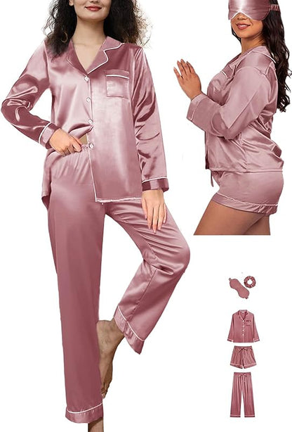 5Pcs XS-XXL Womens Silk Satin Pajamas Sets Long Pj Sets Sleepwear