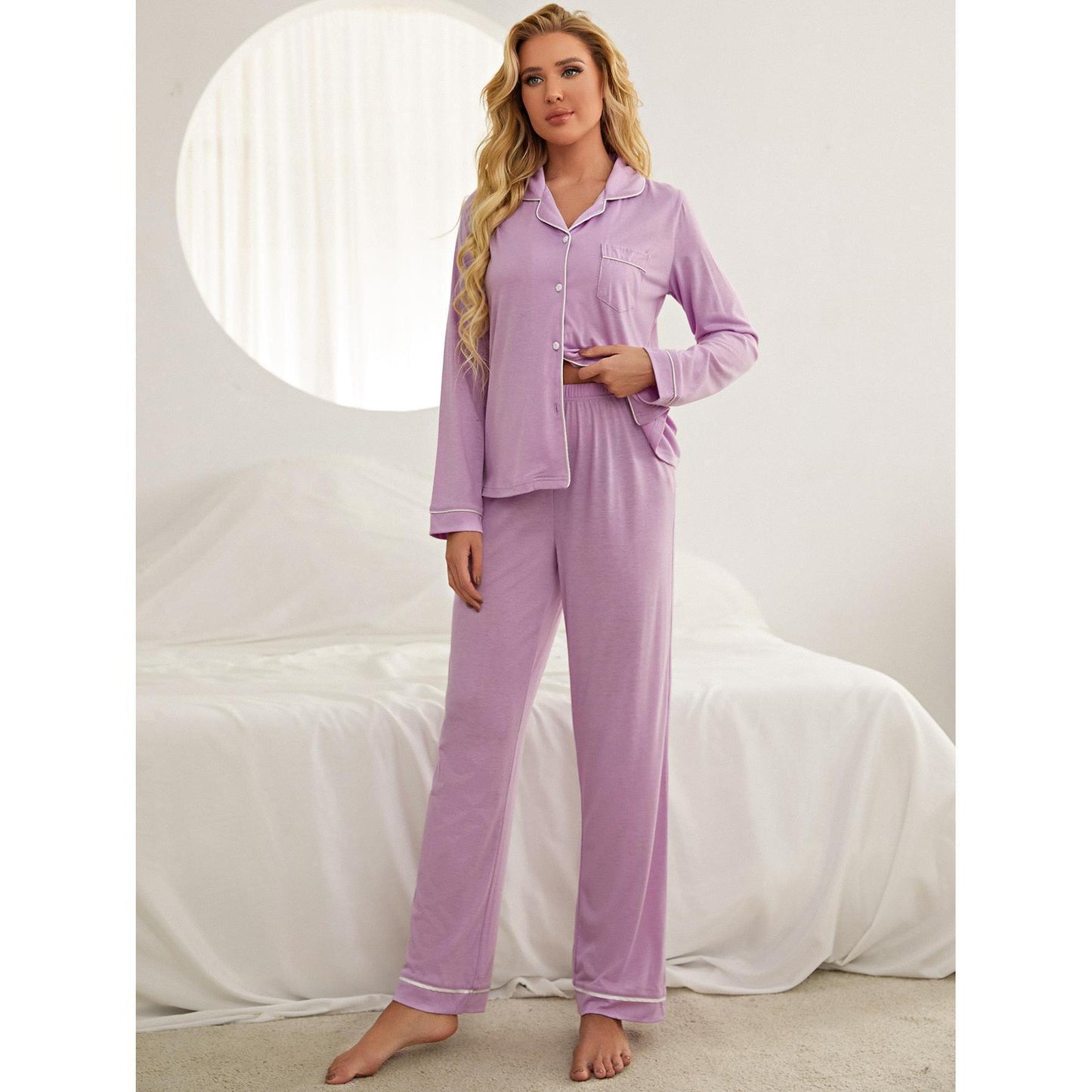 Solid Color Long-Sleeved Cardigan Trousers Home Wear