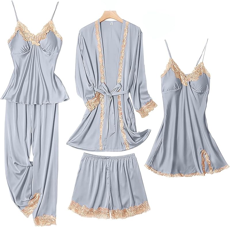 Womens Pajama Sets 5PCS Silk Pajama Satin Pajamas Sets for Women Soft