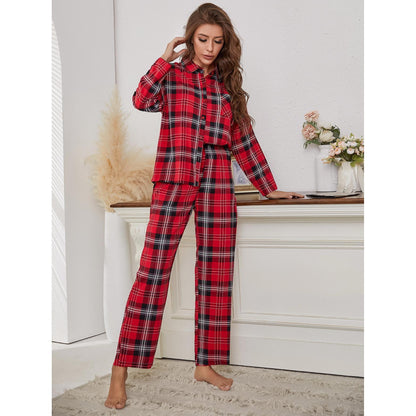 Red Plaid Long Sleeve Autumn and Winter Homewear Two-Piece Set