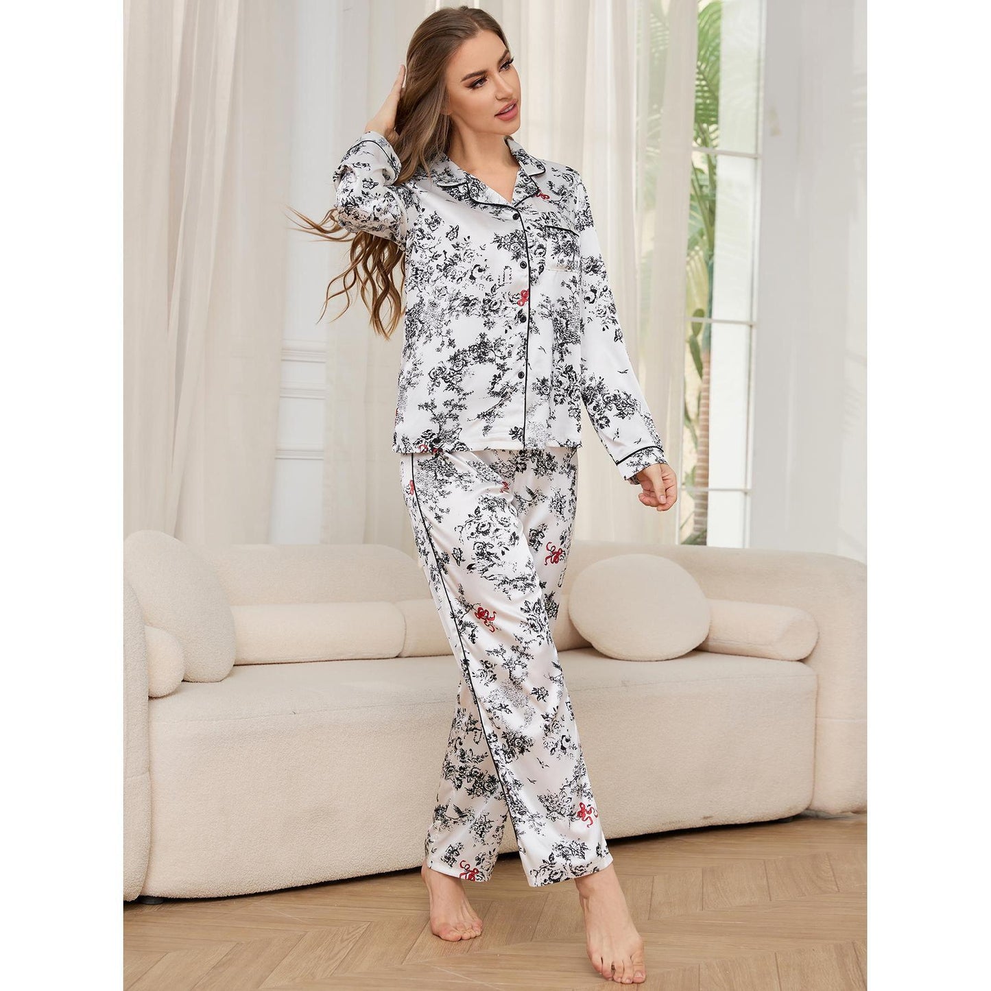 Artificial Silk Long-Sleeved Trousers Homewear Pajamas Suit