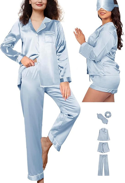 5Pcs XS-XXL Womens Silk Satin Pajamas Sets Long Pj Sets Sleepwear