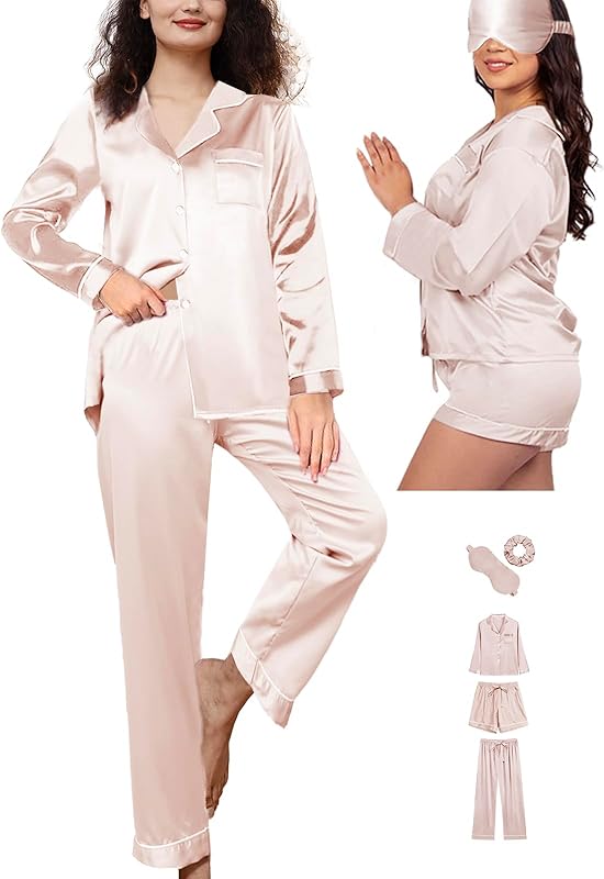 5Pcs XS-XXL Womens Silk Satin Pajamas Sets Long Pj Sets Sleepwear