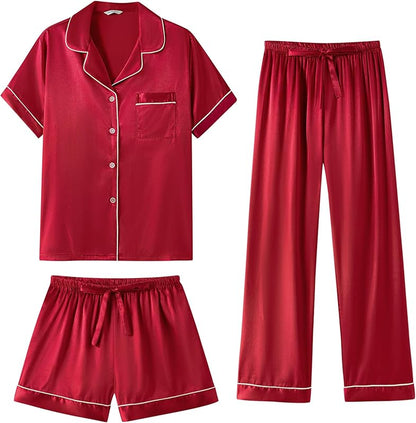 Silk Pajamas  3 Piece Satin  Short Sleeve Pj Set