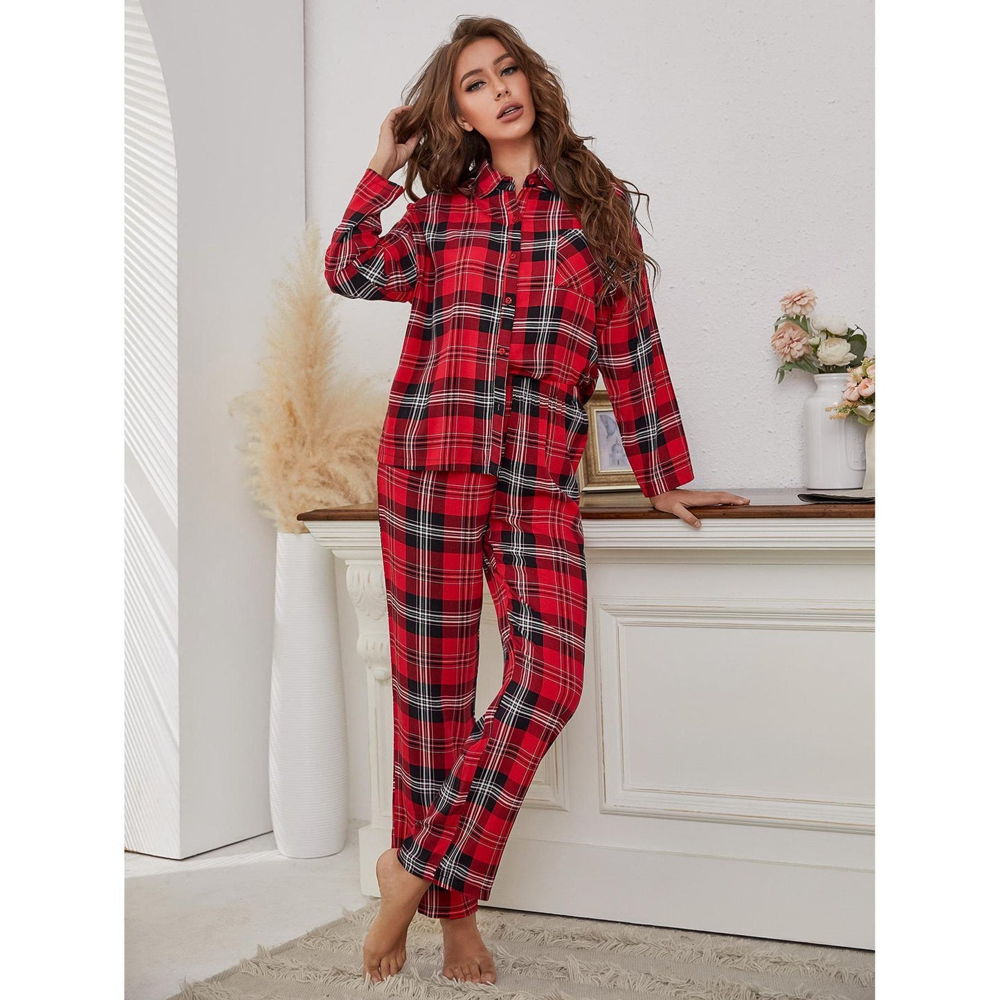 Red Plaid Long Sleeve Autumn and Winter Homewear Two-Piece Set