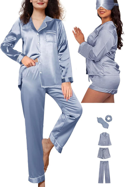 5Pcs XS-XXL Womens Silk Satin Pajamas Sets Long Pj Sets Sleepwear