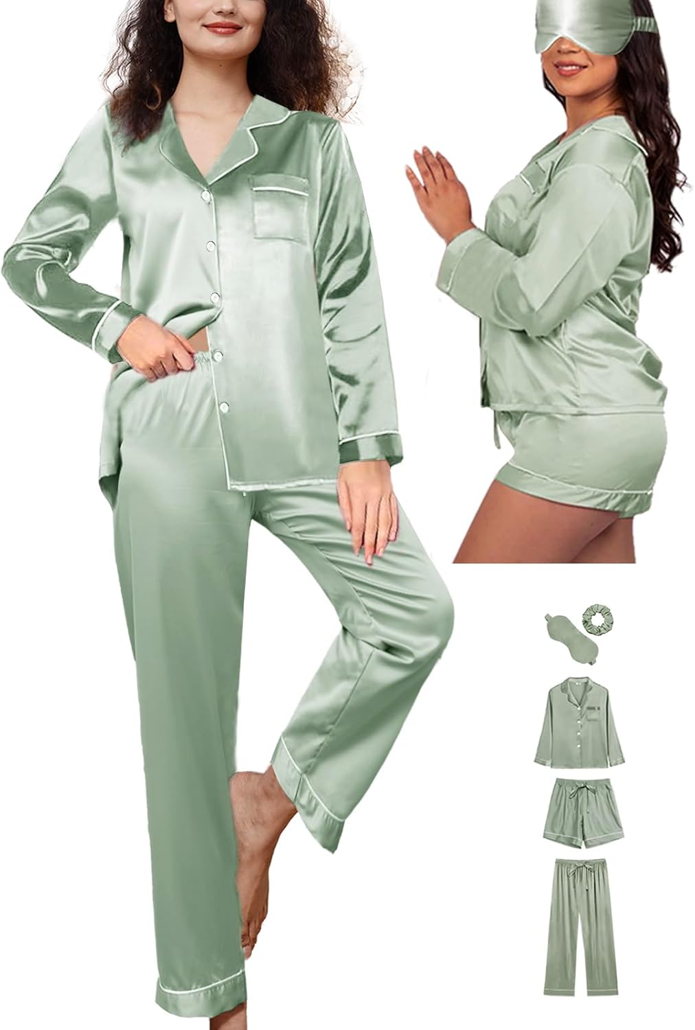 5Pcs XS-XXL Womens Silk Satin Pajamas Sets Long Pj Sets Sleepwear