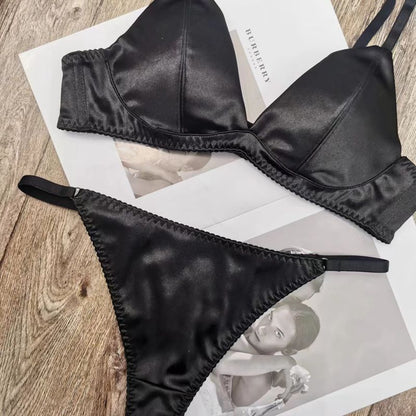 Sexy Thong Seamless Satin Triangle Cup Bra Set