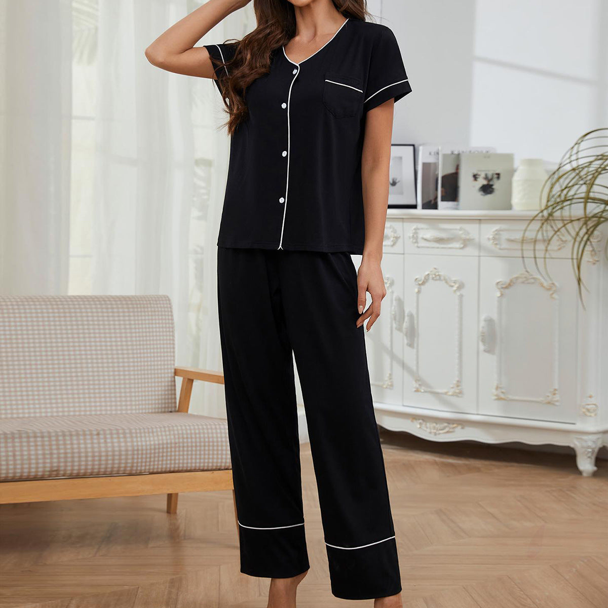 Black, Short Sleeve Trousers Two-Piece Homewear