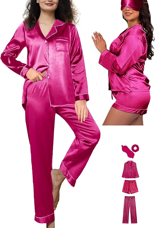 5Pcs XS-XXL Womens Silk Satin Pajamas Sets Long Pj Sets Sleepwear