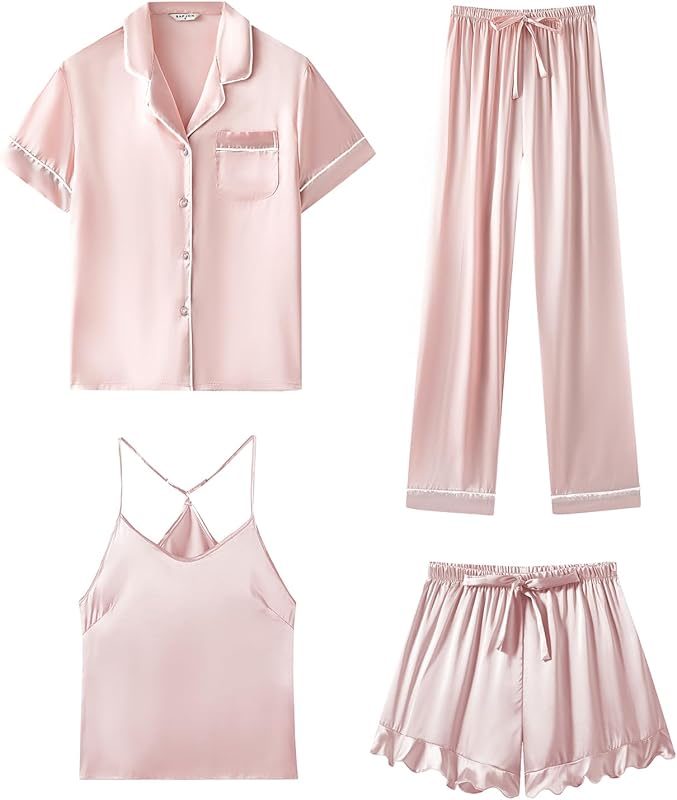 Silk Pajamas  3 Piece Satin  Short Sleeve Pj Set