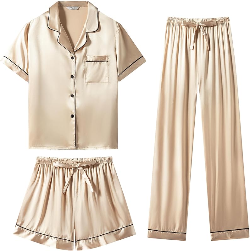 Silk Pajamas  3 Piece Satin  Short Sleeve Pj Set