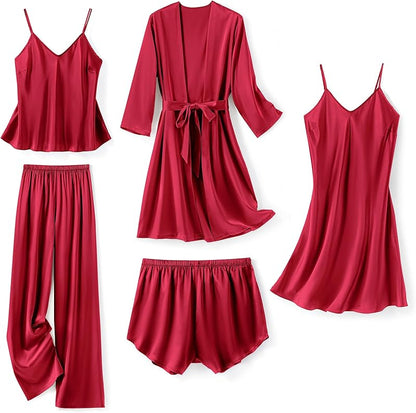 Silk Pajamas for Women 5Pcs Sleepwear  Satin Robe Shorts Pj Set