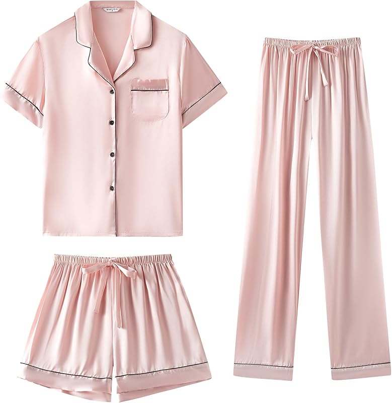 Silk Pajamas  3 Piece Satin  Short Sleeve Pj Set