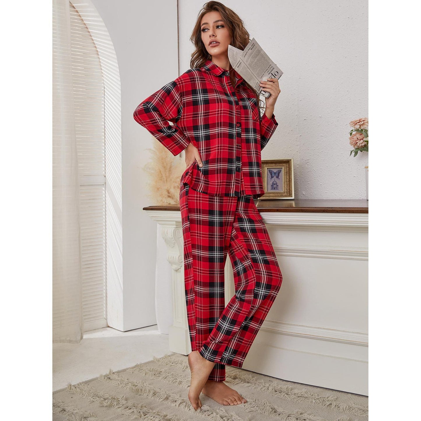 Red Plaid Long Sleeve Autumn and Winter Homewear Two-Piece Set