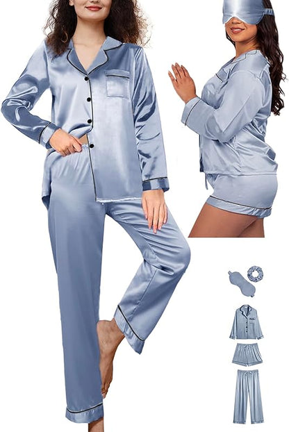 5Pcs XS-XXL Womens Silk Satin Pajamas Sets Long Pj Sets Sleepwear