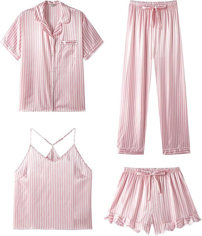 Silk Pajamas for Women Set 4Pcs  Short Sleeve Sleepwear Pj Set